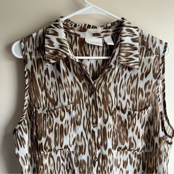 Chicos Brown Semisheer Animal Print Button Front Tunic Tank Top 2 - Picture 2 of 6